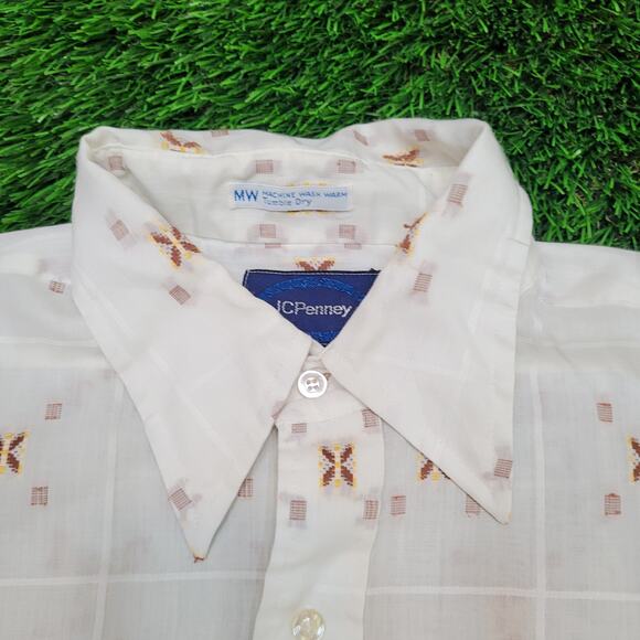 Vintage 70s JCPenney Dagger Collar Button Shirt Medium 15.5 33 Made In USA - Picture 2 of 14